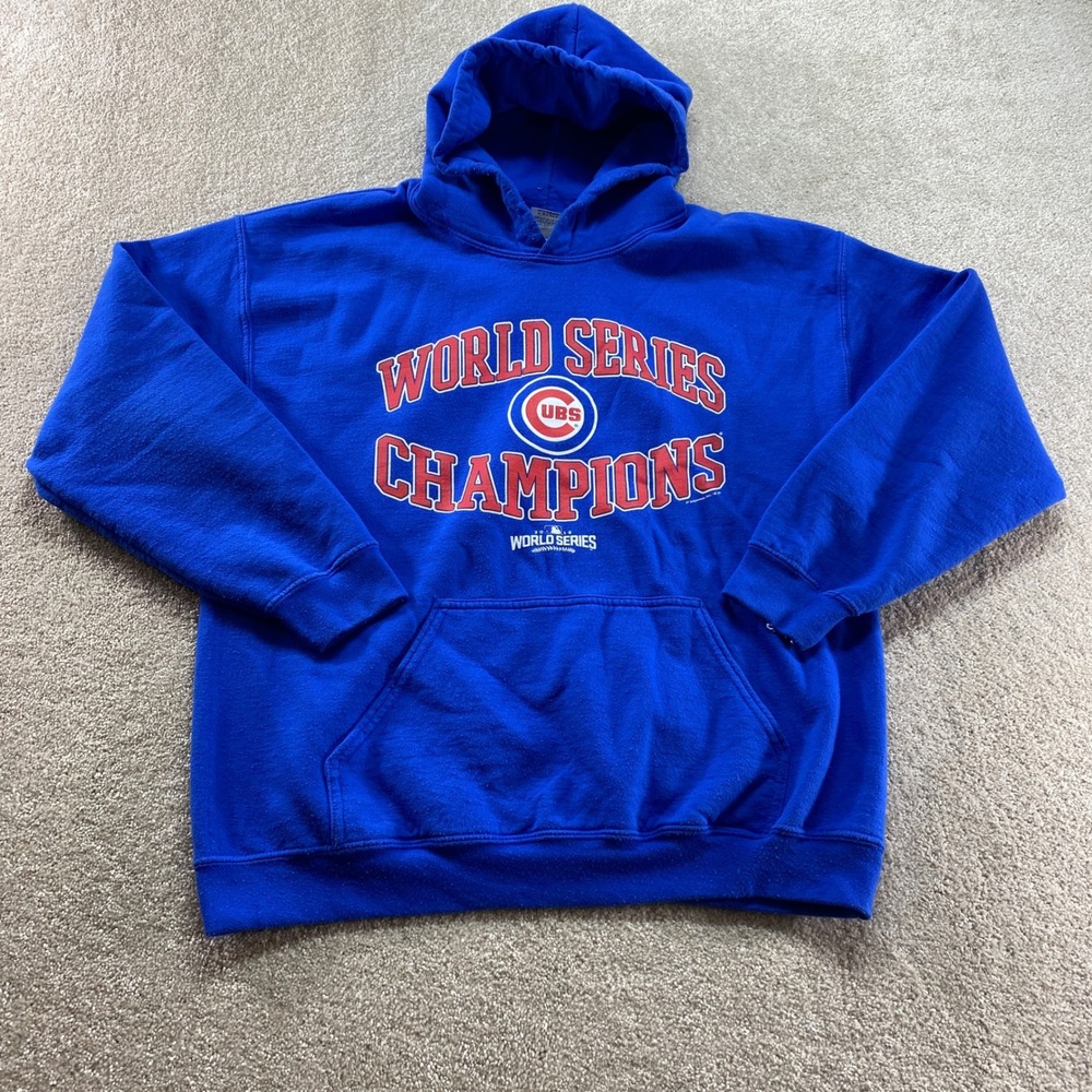 Gildan Heavy Blend Chicago Cubs Hoodie Mens Large Blue‎ World Series Champions